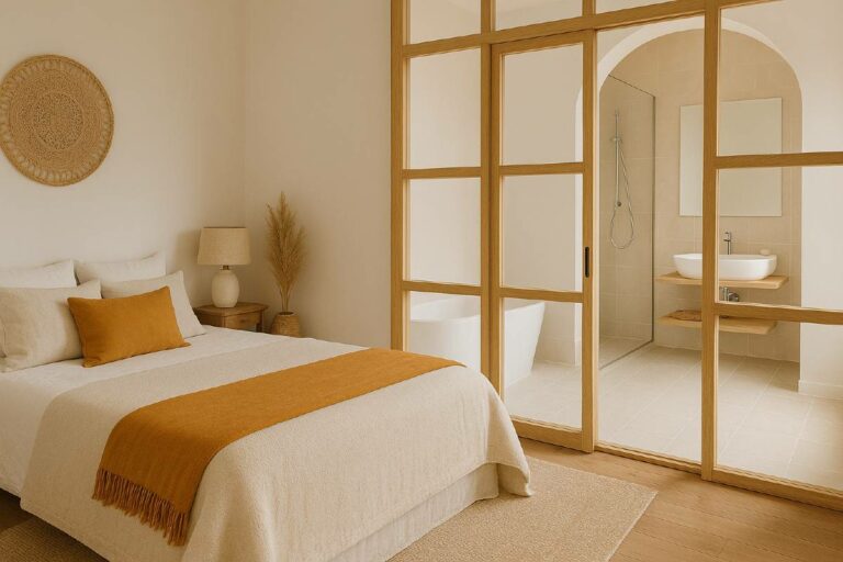 verriere en bois séparant une salle de bain d'une chambre